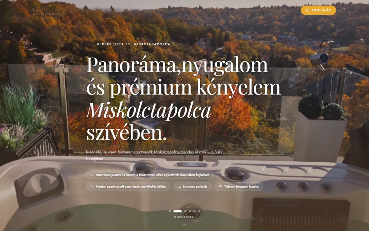 A Gamma Apartmanok weboldalának nyitóoldala