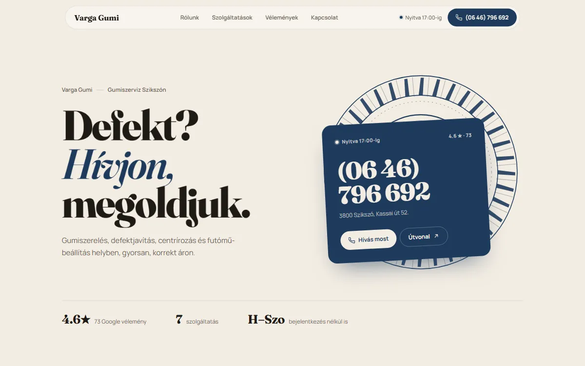 A Varga Gumiszerviz weboldalának nyitóoldala